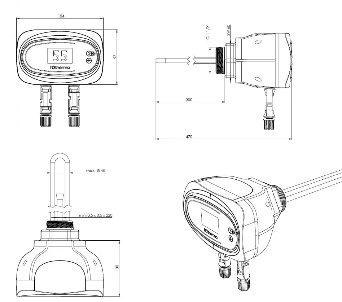 Abmessungen fothermo PV-Heizstab Abmessungen fothermo PV-Heizstab